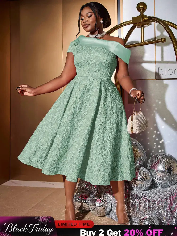 AOMEIDRESS Green Jacquard A Line Dresss Cold Shoulder Irregular Floral