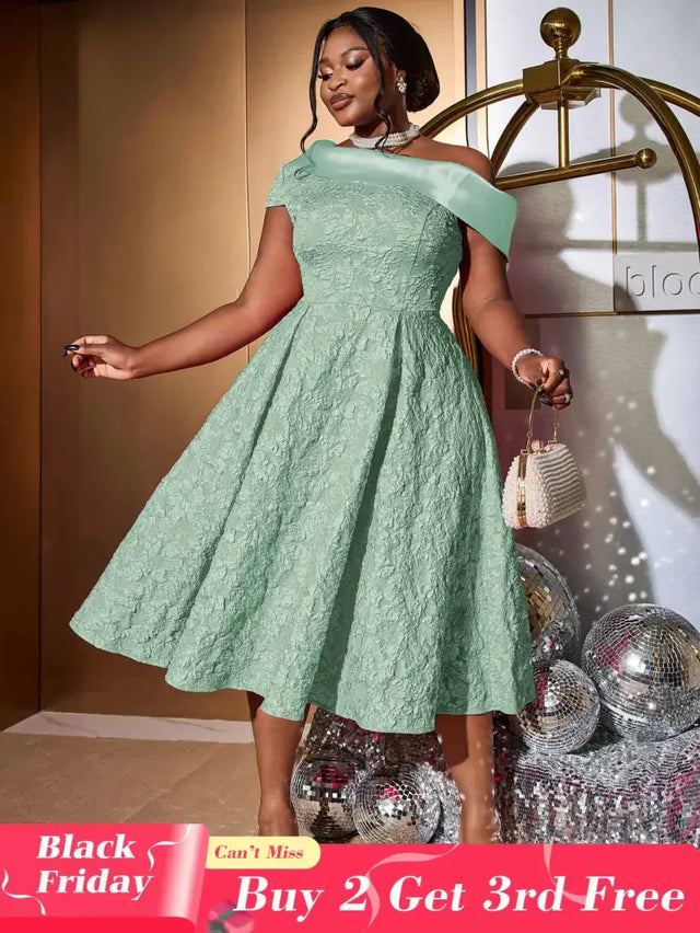 AOMEIDRESS Green Jacquard A Line Dresss Cold Shoulder Irregular Floral