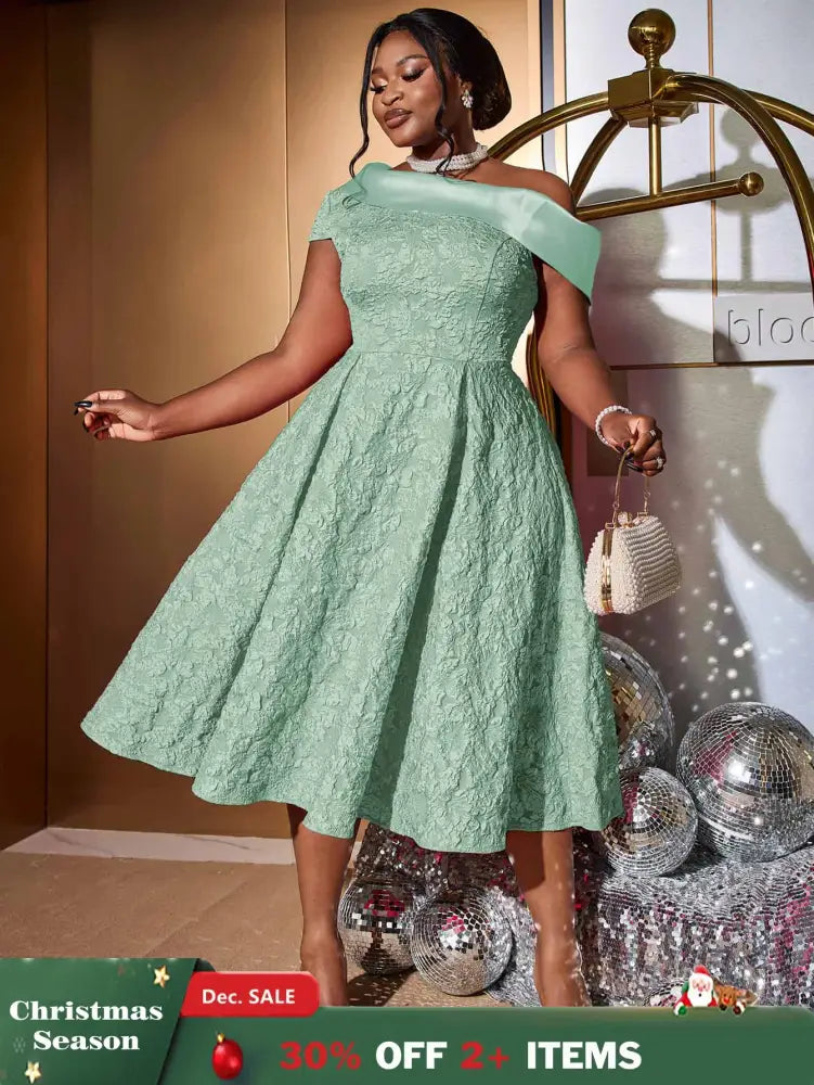 AOMEIDRESS Green Jacquard A Line Dresss Cold Shoulder Irregular Floral