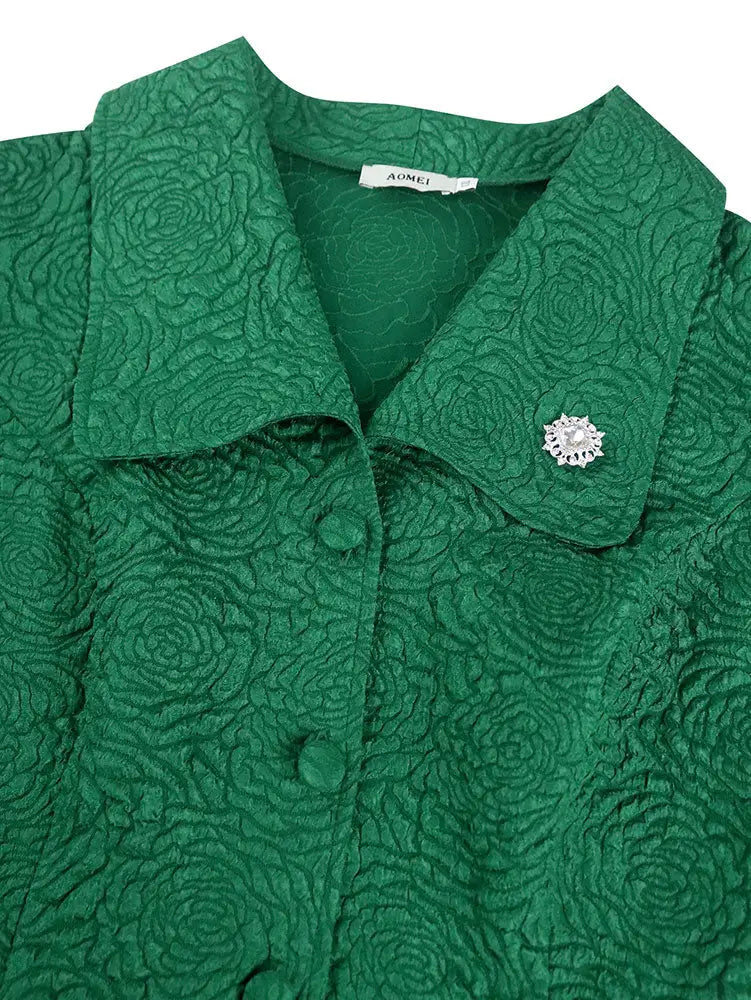 AOMEIDRESS Green Jacquard Two Pieces Set Turn Down Collar Buttoms Peplum Belly Hide Suit A Line Skirt