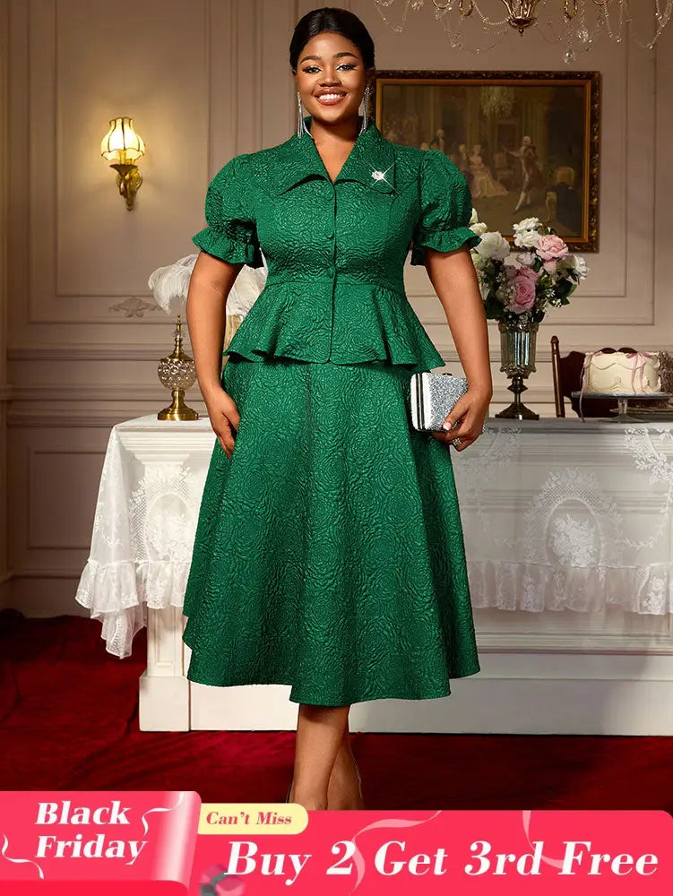 AOMEIDRESS Green Jacquard Two Pieces Set Turn Down Collar Buttoms Peplum Belly Hide Suit A Line Skirt DarkGreen / S