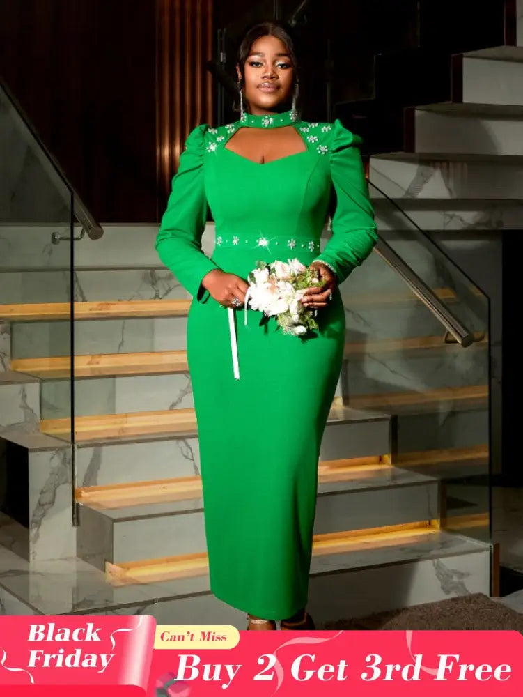 AOMEIDRESS Green Mock Neck Dress Long Sleeve Cut Out Diamonds Beaded Green / S