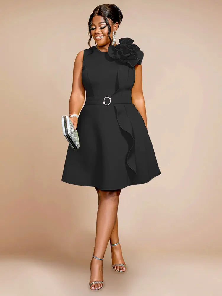 AOMEIDRESS Green O Neck Big Flower Sleeveless Ruffles A-Line Dress Black / 0XL