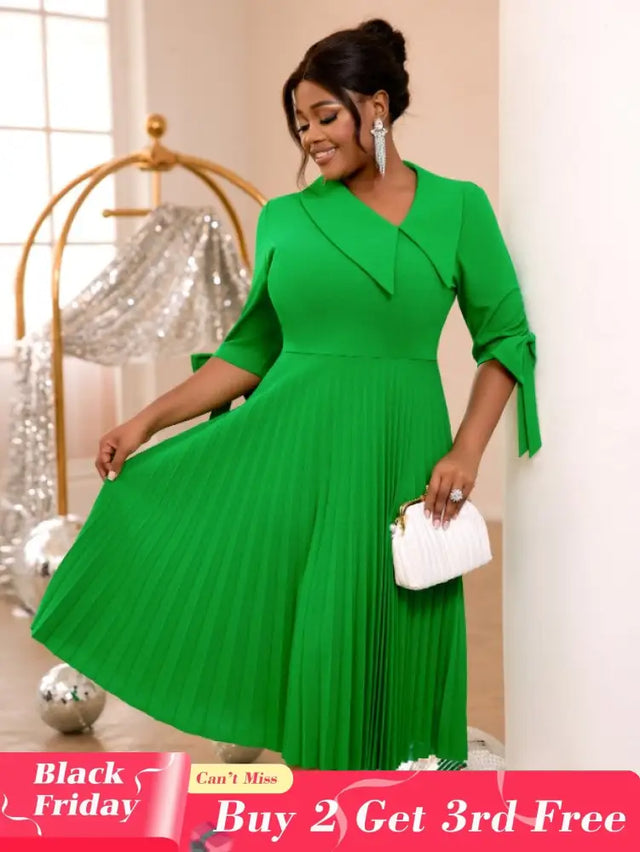 AOMEIDRESS Green Pleated Dress Irregular Collar Half Sleeve with Bows Green / S