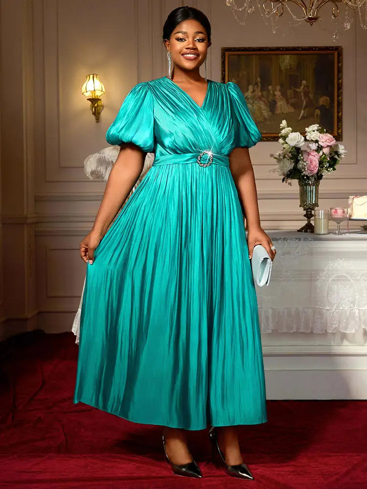 AOMEIDRESS Green Plus Size Dresses for Curvy Women Half Puff Sleeves A Line Outfits