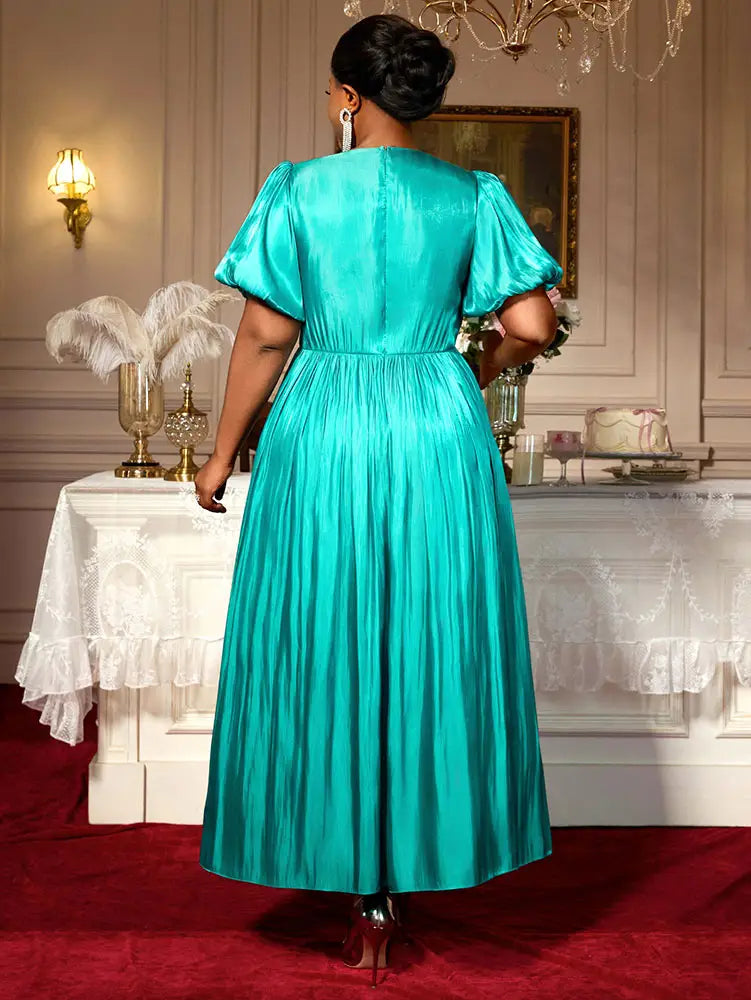 AOMEIDRESS Green Plus Size Dresses for Curvy Women Half Puff Sleeves A Line Outfits