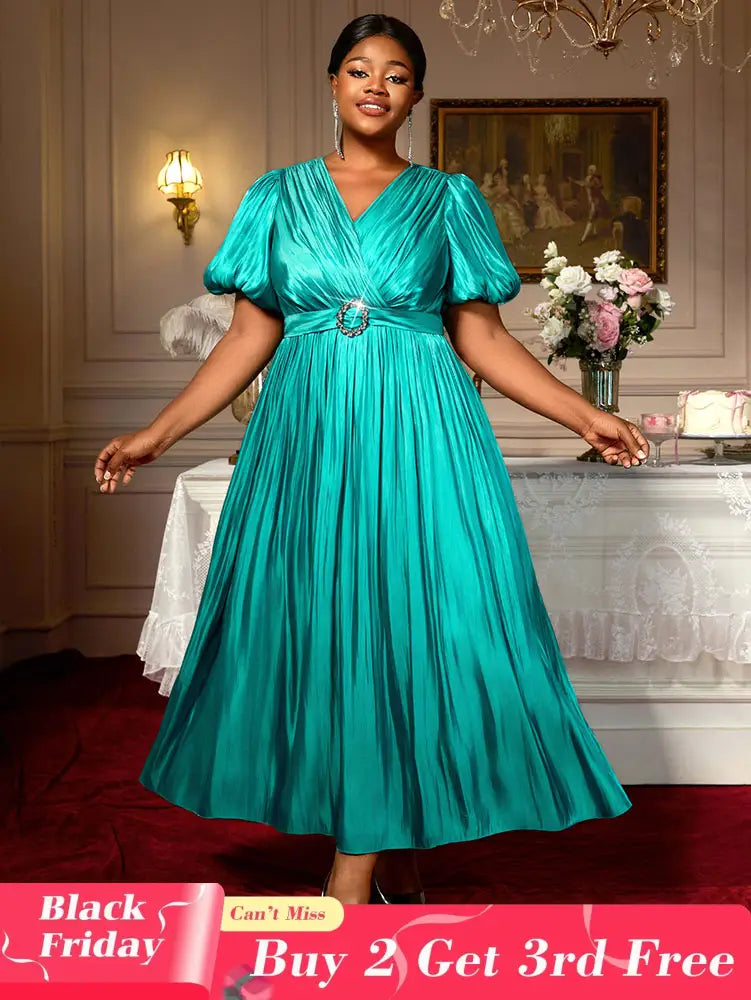 AOMEIDRESS Green Plus Size Dresses for Curvy Women Half Puff Sleeves A Line Outfits Green / S