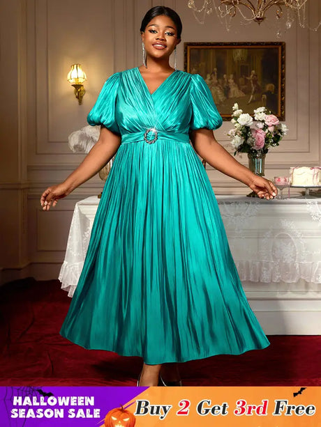 AOMEIDRESS Green Plus Size Dresses for Curvy Women Half Puff Sleeves A Line Outfits Green / S