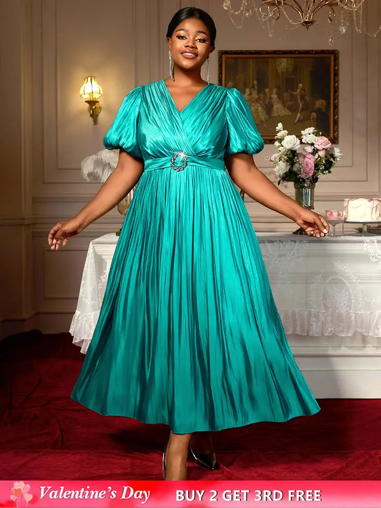 AOMEIDRESS Green Plus Size Dresses for Curvy Women Half Puff Sleeves A Line Outfits Green / S