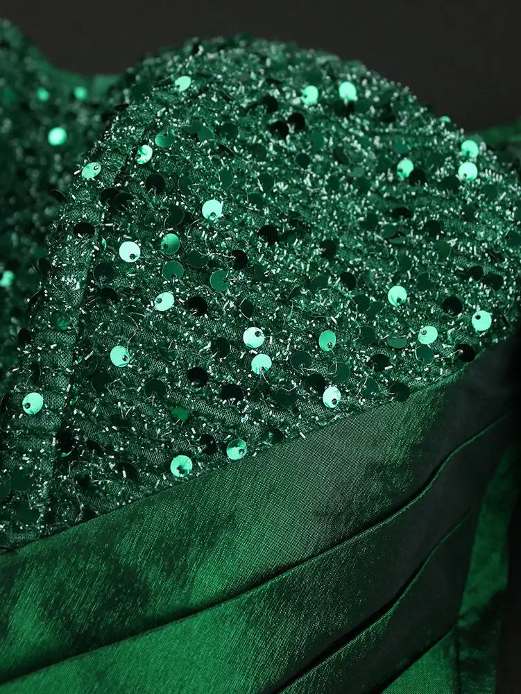 AOMEIDRESS Green Sequins A Line Off Shoulder Dress For Wedding Guest