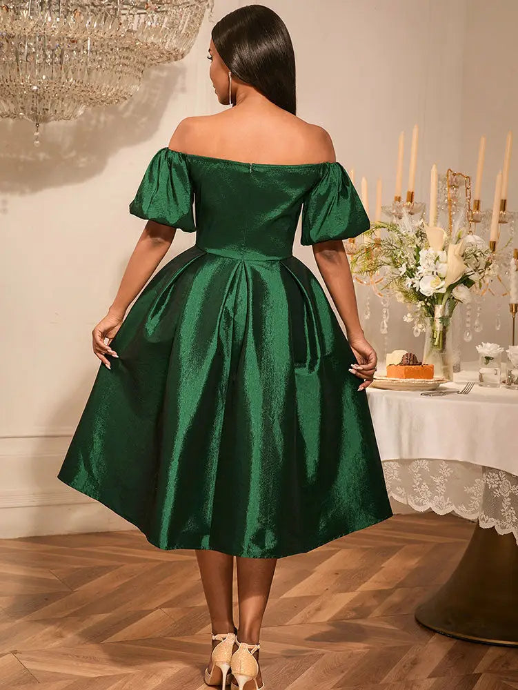AOMEIDRESS Green Sequins A Line Off Shoulder Dress For Wedding Guest