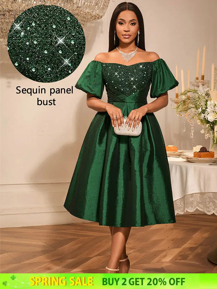 AOMEIDRESS Green Sequins A Line Off Shoulder Dress For Wedding Guest DarkGreen / S