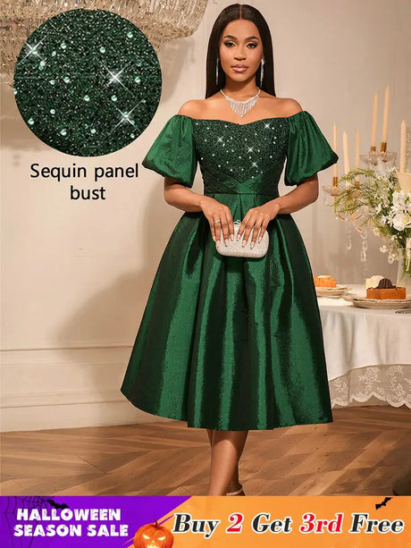 AOMEIDRESS Green Sequins A Line Off Shoulder Dress For Wedding Guest DarkGreen / S