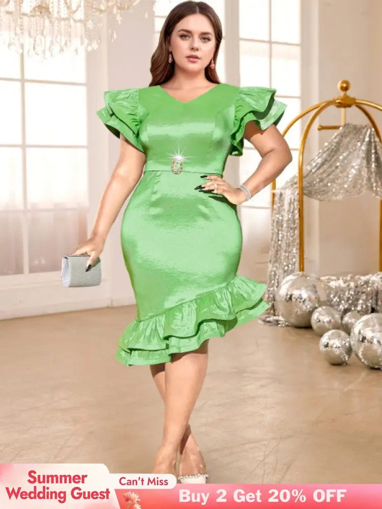 green v neck midi dresse for women
