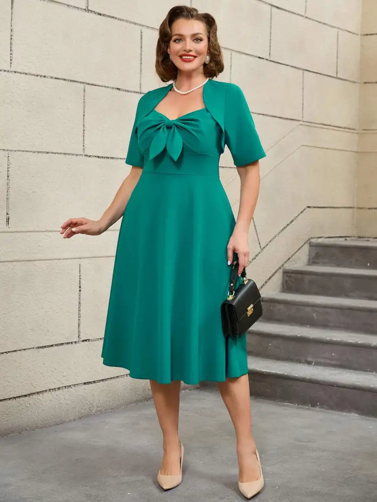 AOMEIDRESS Green Short Sleeve A Line Dress Featuring Statement Bow Front