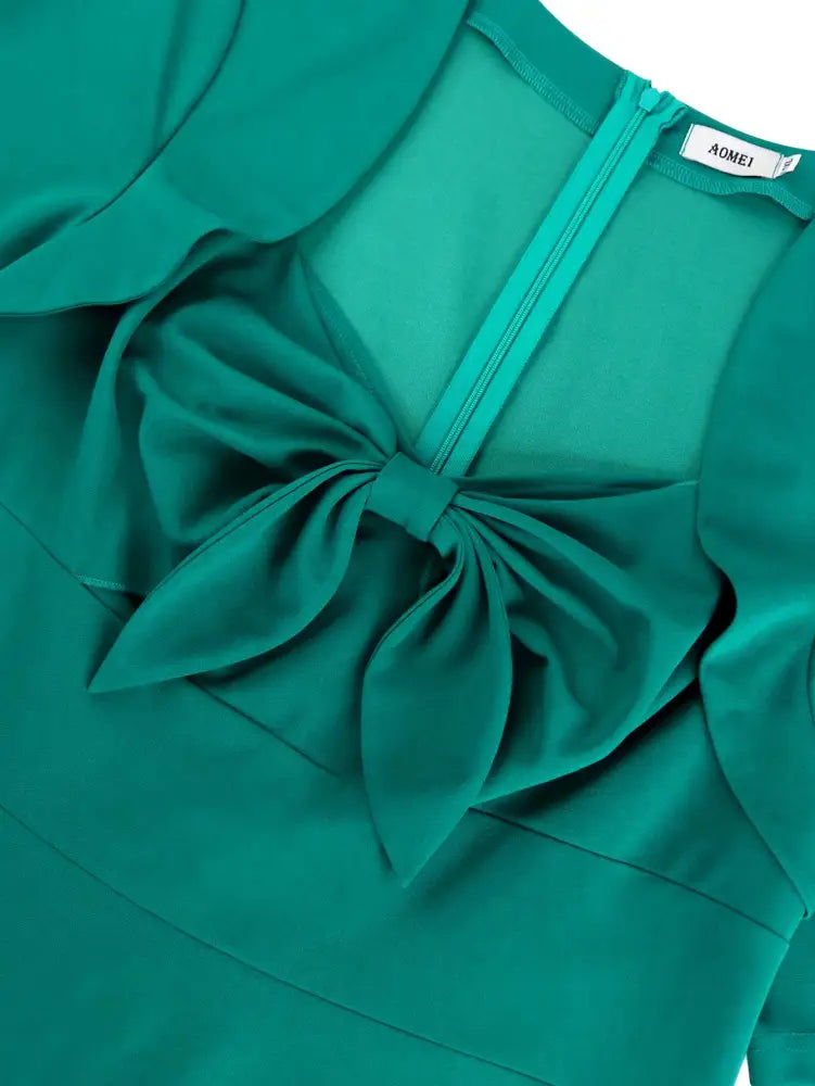 AOMEIDRESS Chic Short Sleeve A Line Dress in Green with Eye Catching Bow Accent