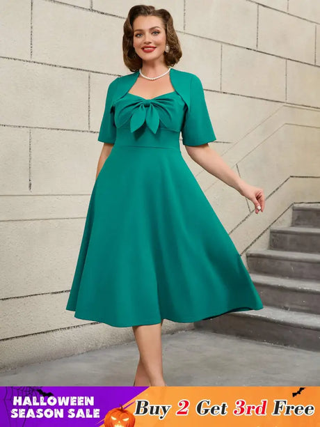 AOMEIDRESS Green Short Sleeve A Line Dress with 3D Bow Design