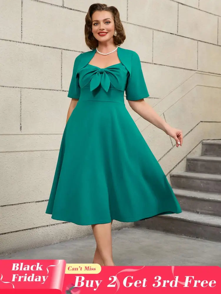 AOMEIDRESS Green Short Sleeve A Line Dress with 3D Bow Design