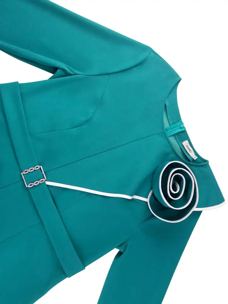 AOMEIDRESS Green Floral Print Fitted Long Sleeve Wedding Guest Dress Embroidery