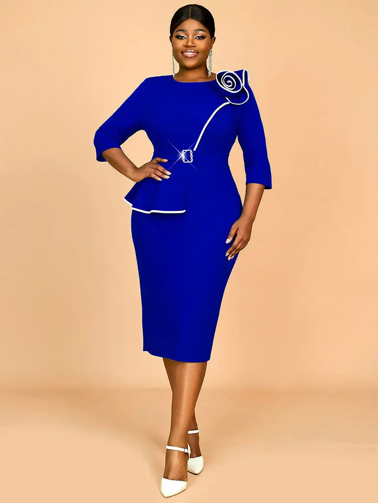 AOMEIDRESS Green Wedding Guest Dress Bodycon Long Sleeve 3D Floral Blue / S