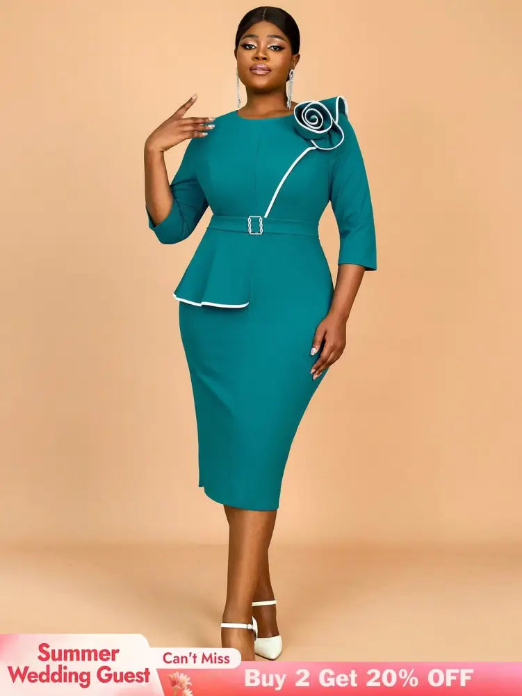 AOMEIDRESS Green Wedding Guest Dress Bodycon Long Sleeve 3D Floral