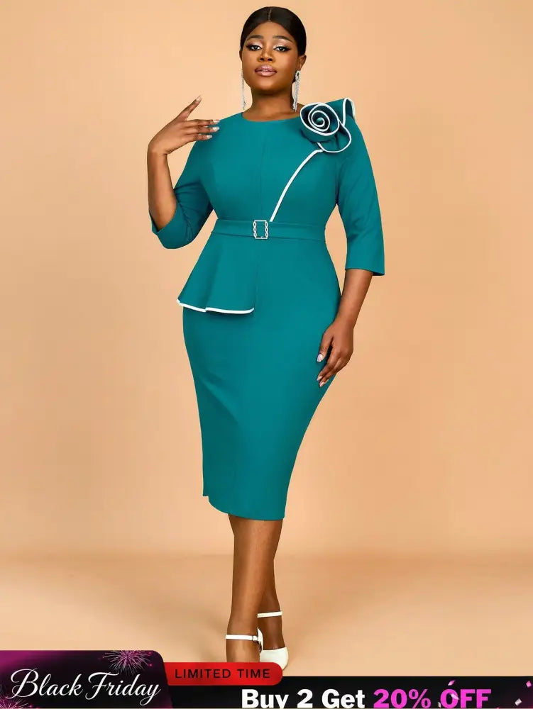 AOMEIDRESS Green Wedding Guest Dress Bodycon Long Sleeve 3D Floral