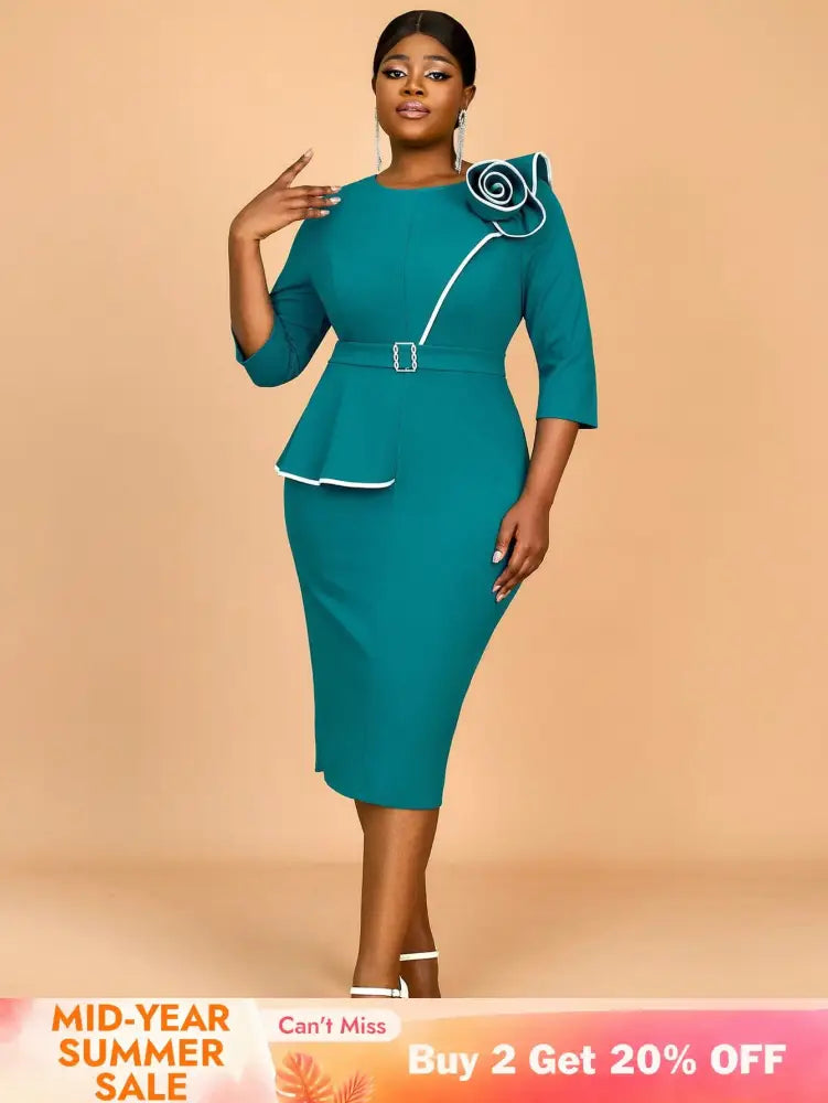 AOMEIDRESS Green Wedding Guest Dress Bodycon Long Sleeve 3D Floral