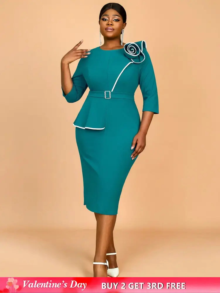 AOMEIDRESS Green Wedding Guest Dress Bodycon Long Sleeve 3D Floral