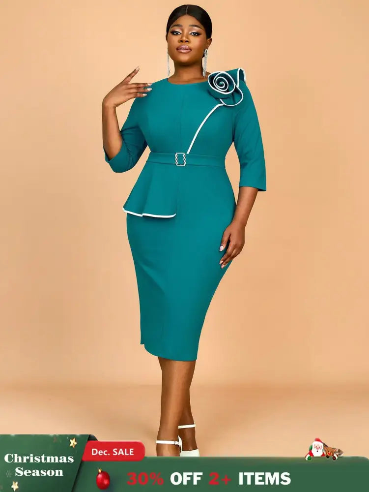 AOMEIDRESS Green Wedding Guest Dress Bodycon Long Sleeve 3D Floral