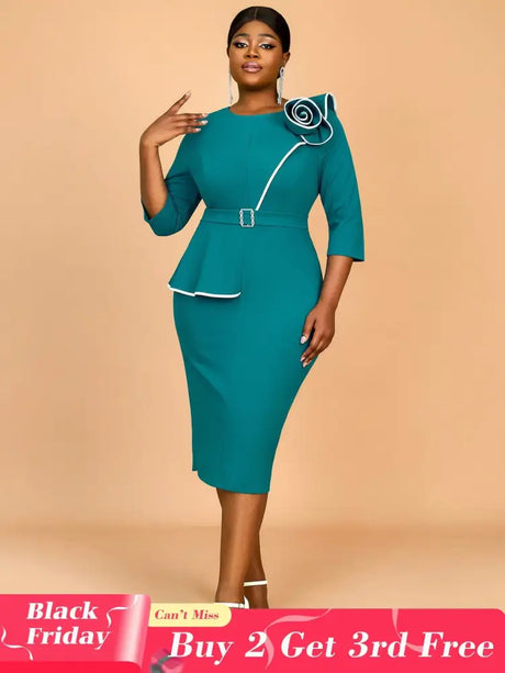 AOMEIDRESS Green Wedding Guest Dress Bodycon Long Sleeve 3D Floral