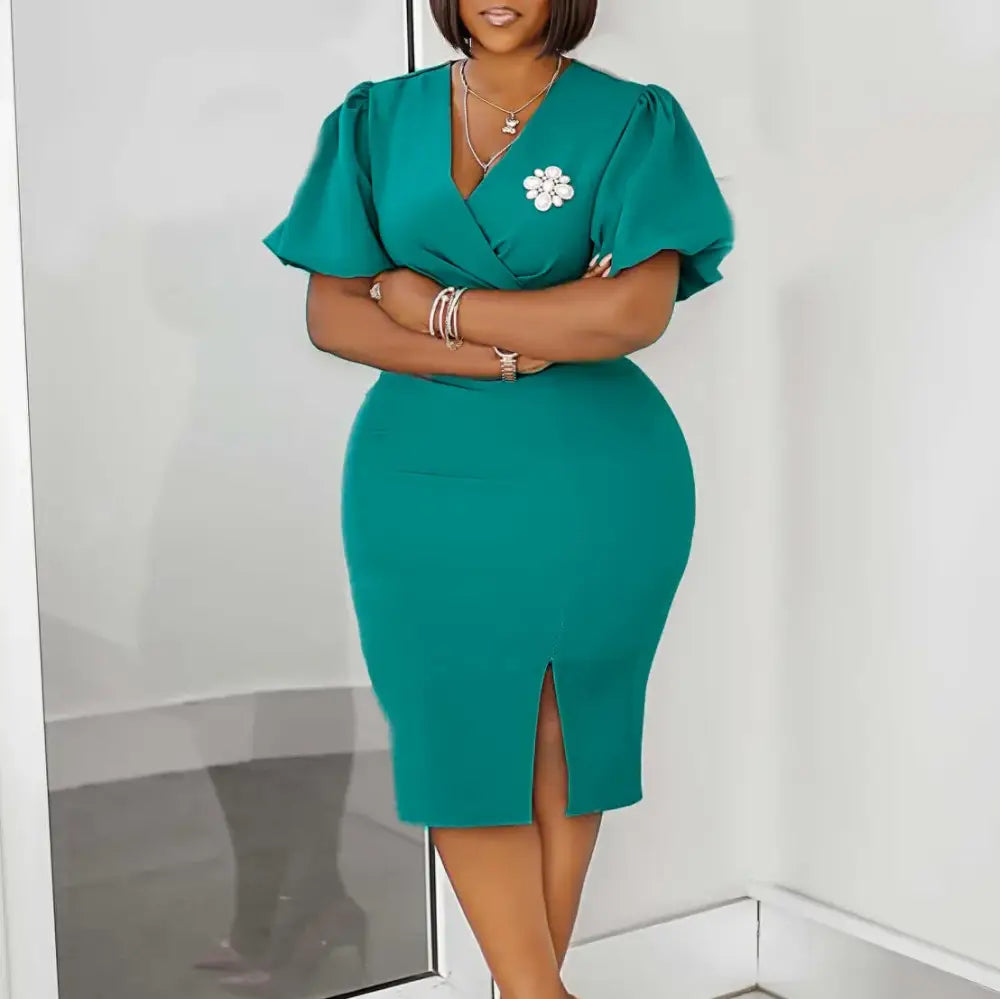 AOMEIDRESS Guest Wedding Party Dress V Neck Short Lantern Sleeve Belt Green / S