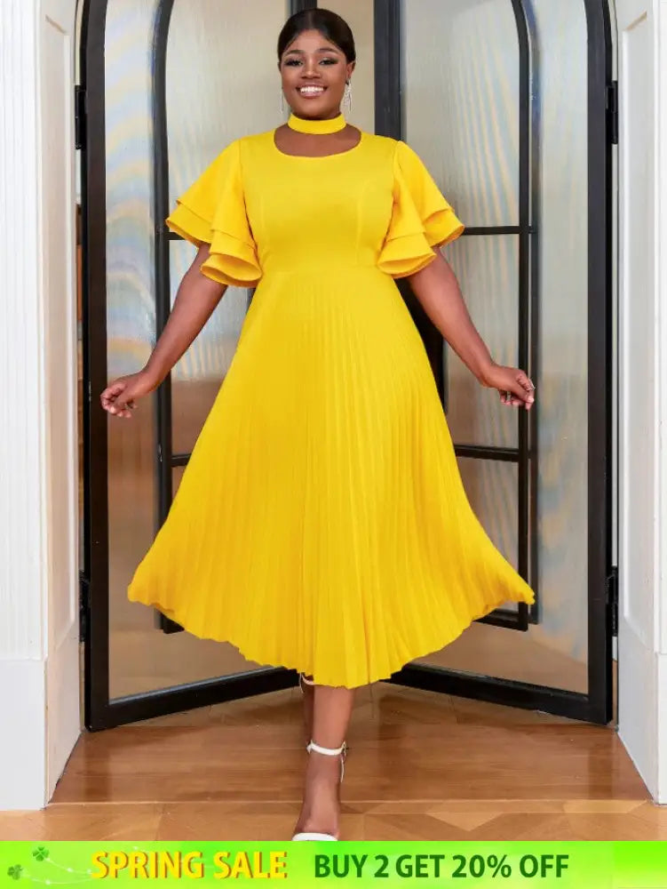 yellow ruffles sleeve pleated wedding guest dress