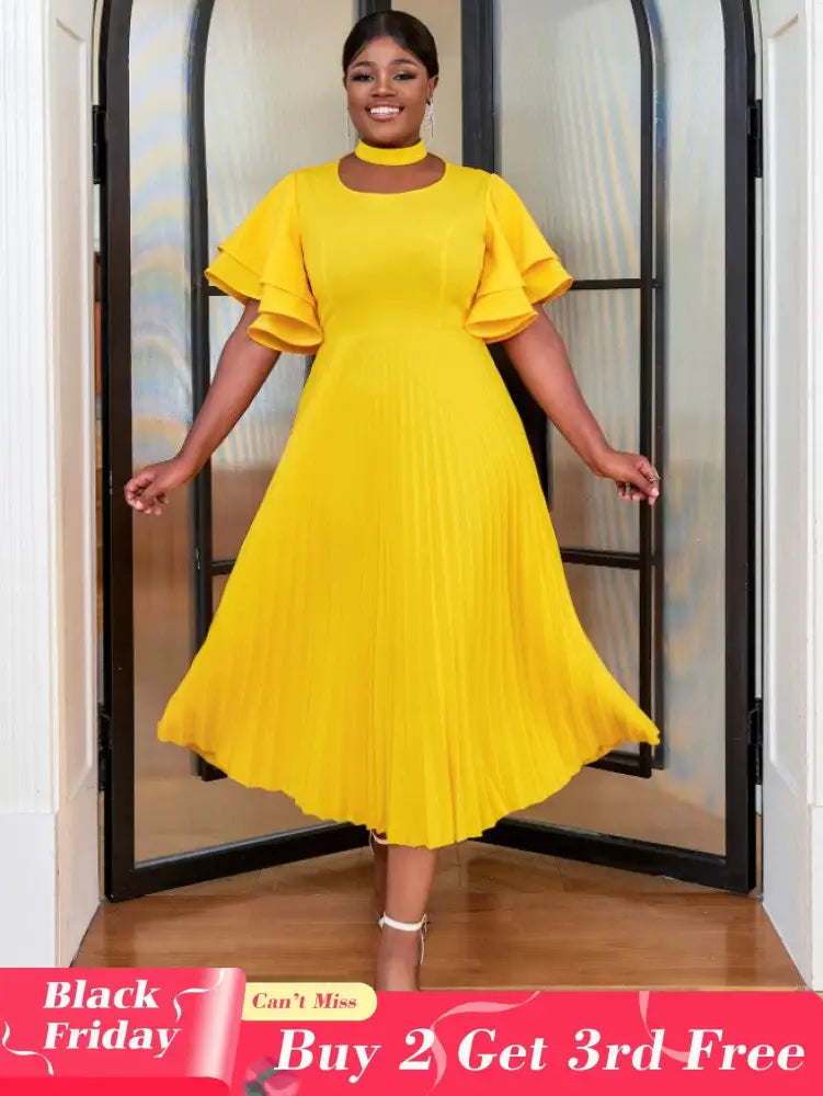 yellow ruffles sleeve pleated wedding guest dress