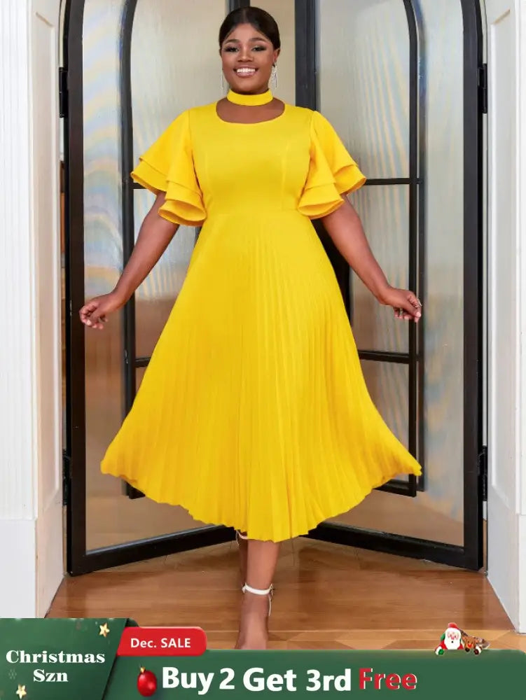 yellow ruffles sleeve pleated wedding guest dress