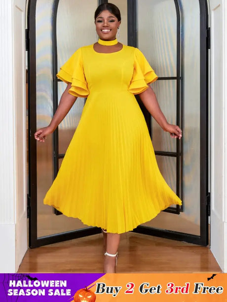 yellow ruffles sleeve pleated wedding guest dress