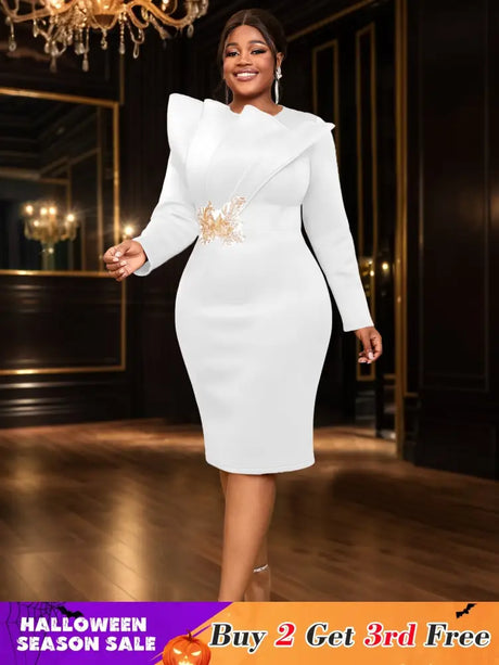 AOMEIDRESS Party Dress O Neck Long Sleeves Appliques High Waist Midi