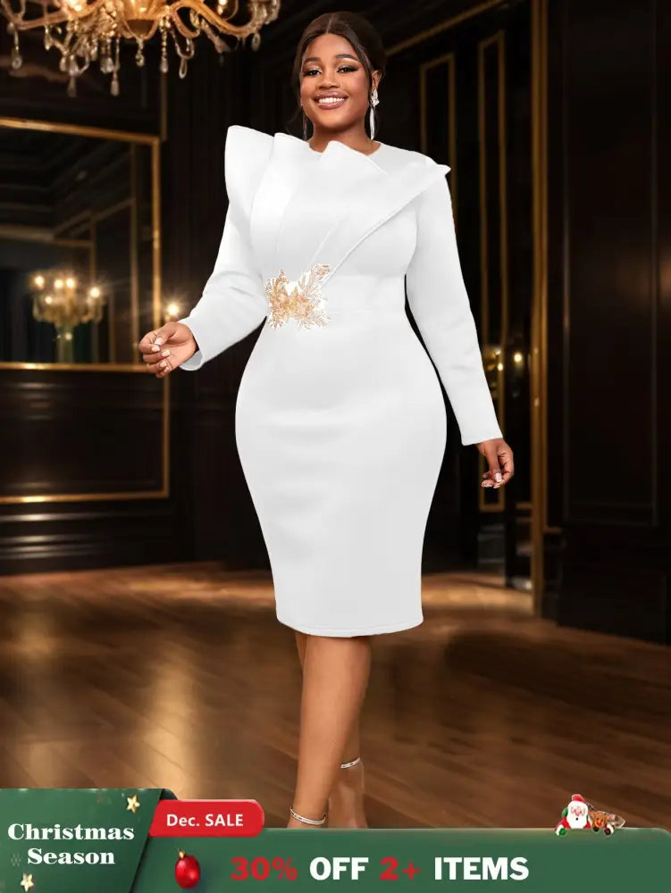 AOMEIDRESS Party Dress O Neck Long Sleeves Appliques High Waist Midi
