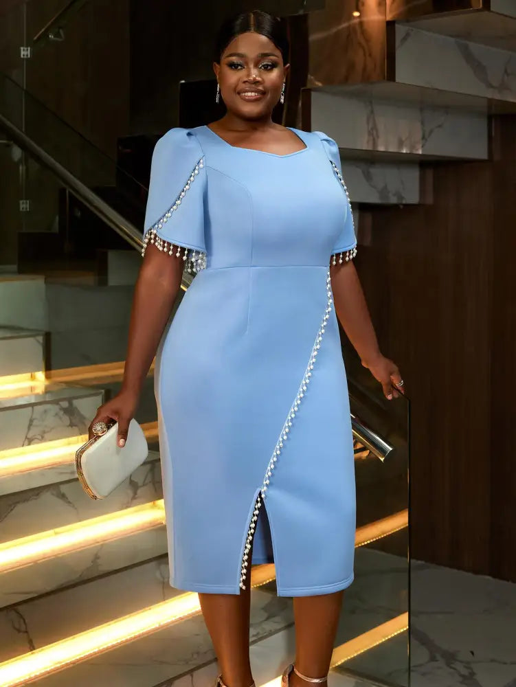 AOMEIDRESS Holiday Party Dress with Tassel Beads Blue Evening Gown Midi Wedding Guest Dresses