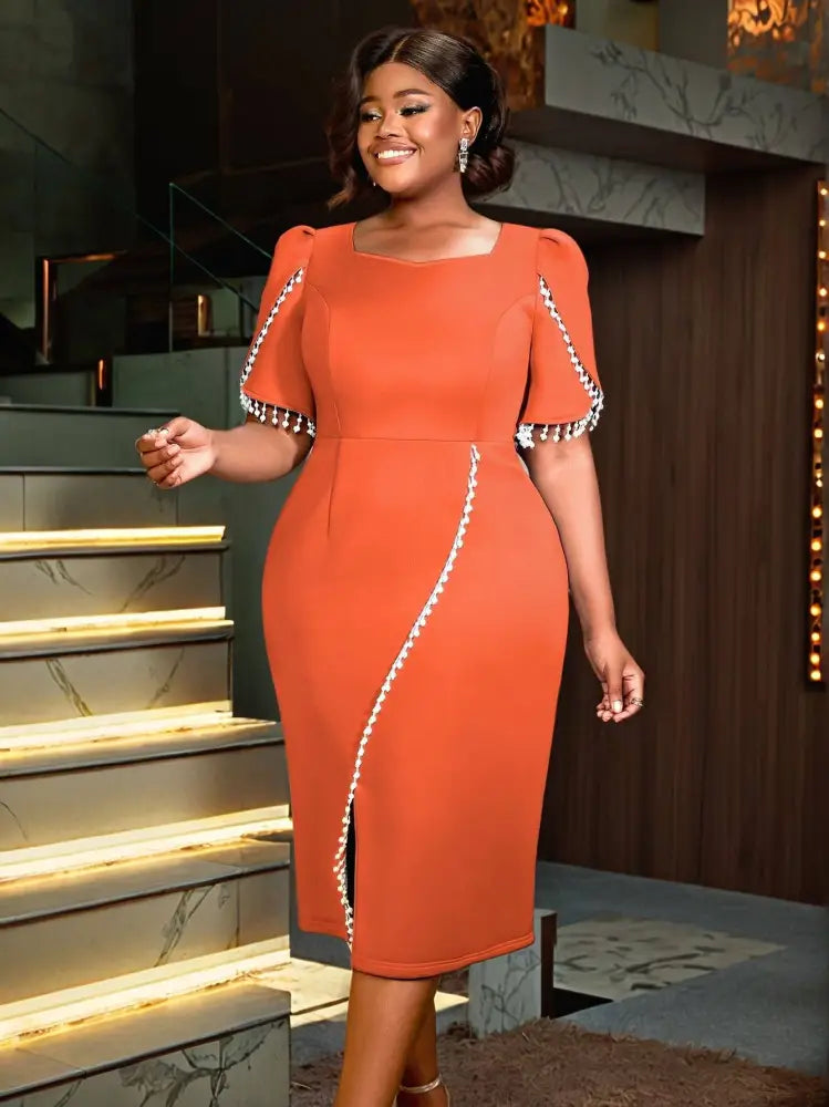 AOMEIDRESS Holiday Party Dress with Tassel Beads Blue Evening Gown Midi Wedding Guest Dresses Orange / S