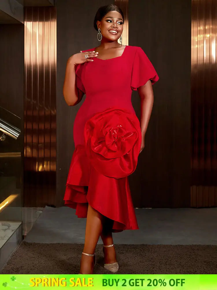 AOMEIDRESS Holiday Party Outfits Red Woman 3D Flower Elegant Dresses Red / S