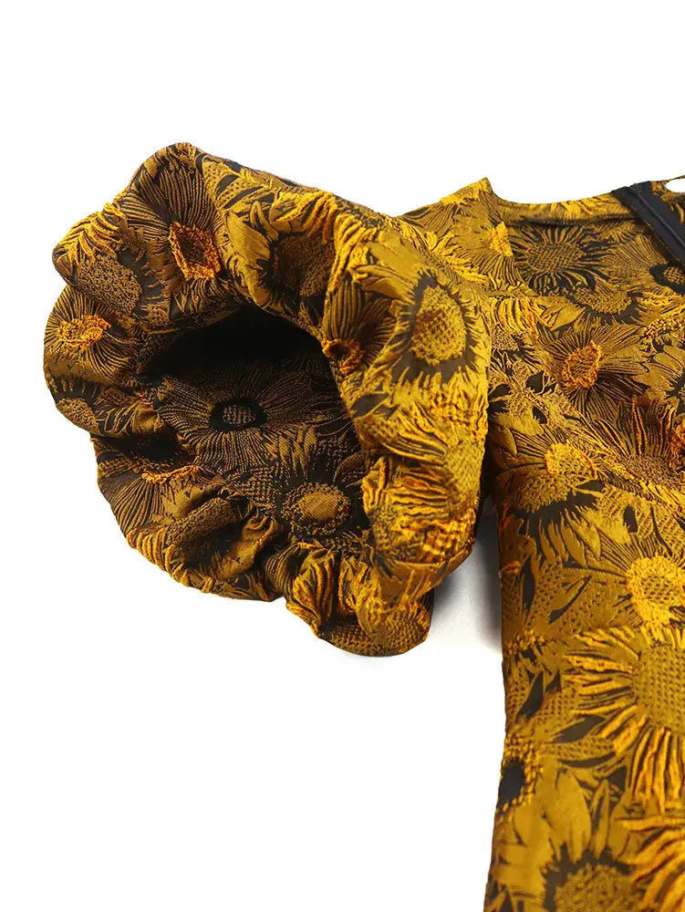 AOMEIDRESS Jacquard A Line Dresses Short Lantern Sleeves Elegant Retro Party Event