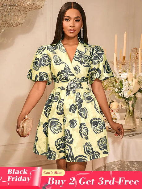 AOMEIDRESS Jacquard A Line Mini Dresses Puff Sleeves Turn Down Collar Khaki / S