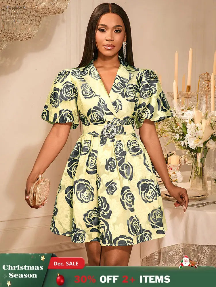 AOMEIDRESS Jacquard A Line Mini Dresses Puff Sleeves Turn Down Collar Khaki / S