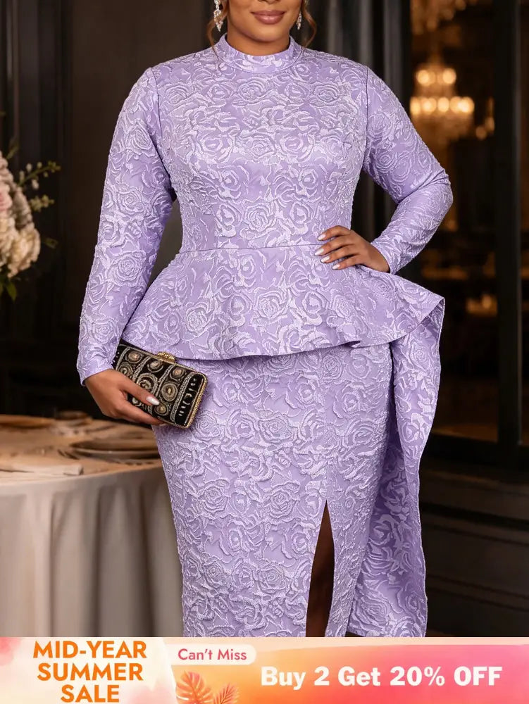 AOMEIDRESS Jacquard Bodycon Dress Mock Neck Long Sleeve Peplum Ruffle - Lavender / L