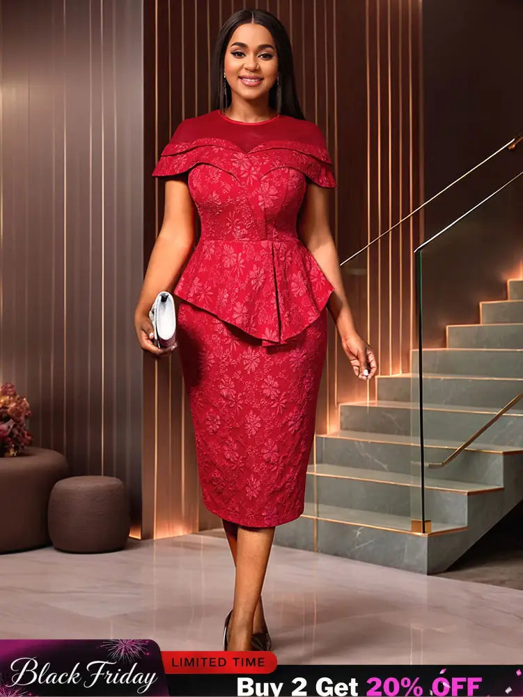 AOMEIDRESS Jacquard Dress Women Formal Red Church Package Hip Dress Red / S
