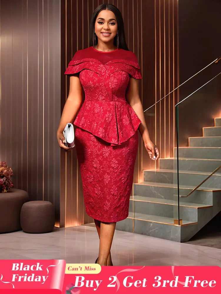 AOMEIDRESS Jacquard Dress Women Formal Red Church Package Hip Dress Red / S