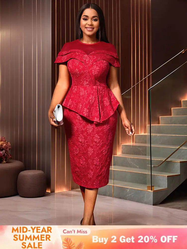 AOMEIDRESS Jacquard Dress Women Formal Red Church Package Hip Dress Red / S