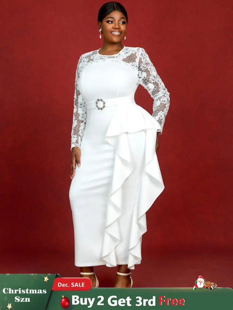 AOMEIDRESS Lace Dress Long Sleeve Beaded Bodycon Elegant White Bridal Shower Dresses White / S