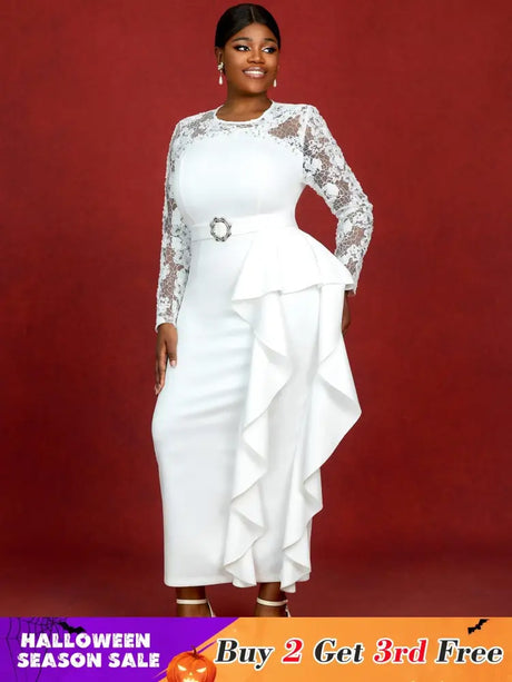 AOMEIDRESS Lace Dress Long Sleeve Beaded Bodycon Elegant White Bridal Shower Dresses White / S