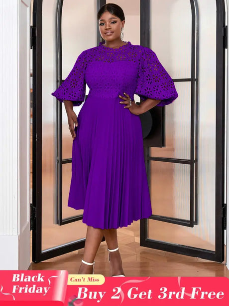 AOMEIDRESS Lace Patchwork Lantern Sleeves Hollow Out Pleated Dress Purple / S